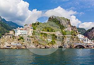 Panoramic view of Amalfi Mediterranean coast, small town with multicolor houses in south of Italy, Gulf of Salerno, Campania