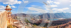 Panoramic view of the Amber Fort, Maotha Lake and the Aravalli Range, view from the Jaigarh Fort, Jaipur, Rajasthan, India photo