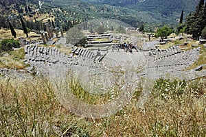 Panoramic view of Amphitheater in Ancient Greek archaeological site of Delphi, Greece