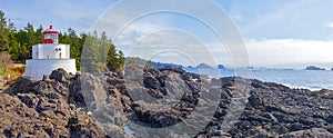 Panoramic view of the Amphitrite Lighthouse in Ucluelet, BC