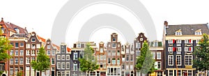 Panoramic view of Amsterdam houses - background isolated on white. Various traditional houses in the historic center of Amsterdam