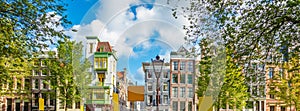 Panoramic view of Amsterdam houses and rooftops. No logos and inscriptions