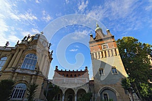 Panoramic view of ancient building in the Vajdahunyad Castle (Hungarian agriculture museum)