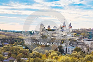 View of ancient fortress castle in Kamianets-Podilskyi, Khmelnytskyi Region, Ukraine. Old ÃÂastle photo on a postcard or photo