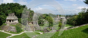 Panoramic view on ancient Palenque Maya archaeological site: ruins, temples