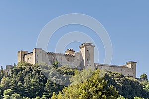 Panoramic view of the ancient Rocca Albornoziana overlooking the historic center of Spoleto, Italy photo