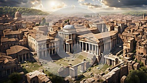 panoramic view of an ancient roman city with columned large buildings and houses stretching to the horizon