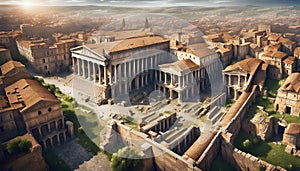 panoramic view of an an ancient roman city with columned large buildings and houses stretching to the horizon