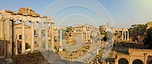 Panoramic view of Ancient Rome ruins. Cityscape skyline of landmarks of Rome famous travel destinations of Italy