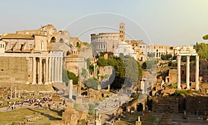 Panoramic view of Ancient Rome ruins. Cityscape skyline of landmarks of Rome famous travel destinations of Italy