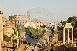 Panoramic view of Ancient Rome ruins. Cityscape skyline of landmarks of Rome famous travel destinations of Italy