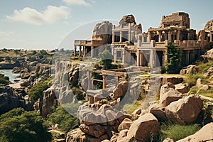 A panoramic view of the ancient ruins of Hampi