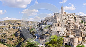 Panoramic view of the ancient town of Matera in beautiful golden morning light at sunrise, Basilicata, southern