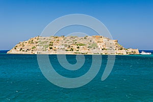 Panoramic view of the ancient Venetian fortress and former leper colony of Spinalonga island, Crete, Greece