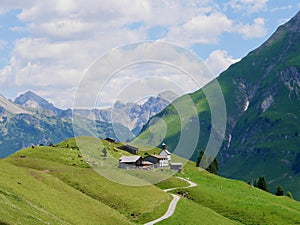 Panoramic view of ancient Walser village Buerstegg in the Austrian Alps. Lech am Arlberg, Vorarlberg, Austria.