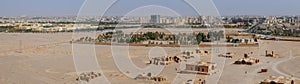 Panoramic view of ancient Zoroastrian building and modern architecture in Yazd city, Iran.