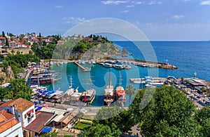 Panoramic view of Antalya Old Town port. Antalya, Turkey.