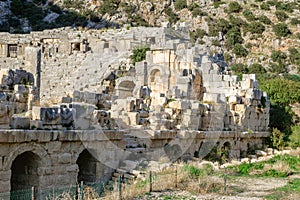 Panoramic view on antique roman theater in Demre. The ancient city of Myra, Lycia region, Turkey
