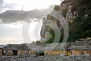 Panoramic view on antique roman theater in Demre. The ancient city of Myra, Lycia region, Turkey photo