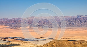 Panoramic view of the Arava valley: the border between Israel to the west and Jordan to the east and Wadi Rum drainage area