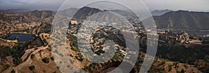 Panoramic view of the Aravalli Hills, Amer, and the Amer Fort from Nahargarh Fort, Jaipur, Rajasthan, India