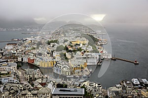 Panoramic view of the archipelago and the beautiful Alesund town centre, Norway