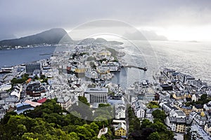 Panoramic view of the archipelago and the beautiful Alesund town centre, Norway