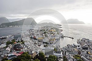 Panoramic view of the archipelago and the beautiful Alesund town centre, Norway