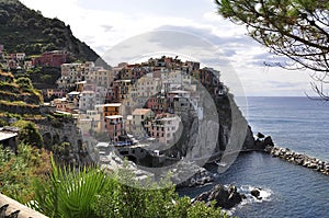 Panoramic view architecture of Manarola Village from Cinque Terre National Park in Italy