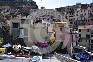 Panoramic view architecture of Manarola Village from Cinque Terre National Park in Italy