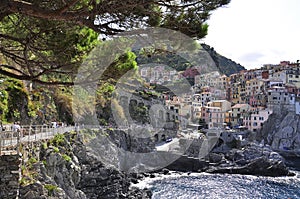 Panoramic view architecture of Manarola Village from Cinque Terre National Park in Italy