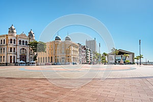 Panoramic view of Architecture in Marco Zero Ground Zero Square at Ancient Recife district - Recife, Pernambuco, Brazil