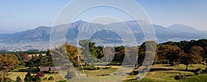 Panoramic view of Aso volcanic caldera from its south rim