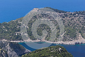 Panoramic View of Assos village and beautiful sea bay, Kefalonia, Greece