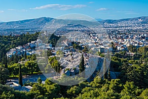 Panoramic view of Athens and Aeropagus, a prominent rock outcropping located northwest of the Acropolis in Athens, Greece.