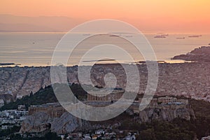 Panoramic view of Athens city from Lykavittos Hill at sunset time