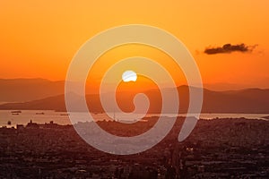 Panoramic view of Athens city from Lykavittos Hill at sunset time