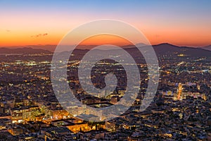 Panoramic view of Athens city from Lykavittos Hill at sunset time