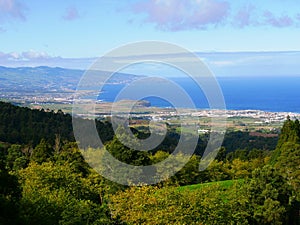Panoramic view of the Atlantic coast and the city of Ribeira Grande of the island of Sao Miguel in Azores
