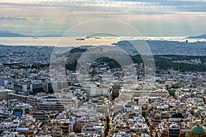 Panoramic view of the Attica basin at sunset as seen from Lycabettus hill. Acropolis with Parthenon temple