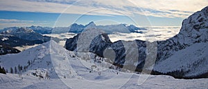 Panoramic view in the Austrian Nassfeld Ski arena towards the Montasio mountain group in Italy.