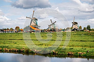 Panoramic view of Authentic Zaandam mills in Zaanstad village on the river Zaan.