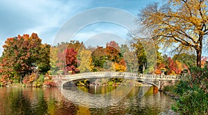 Panoramic view of autumn landscape with Bow bridge in Central Park. New York City. USA