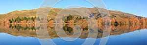 Panoramic view of autumn trees reflected in lake