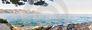 Panoramic view of azure sea coastline. Paloma beach, France