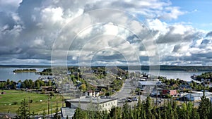 Panoramic view of Back Bay, Old town and Yellowknife Bay of Yellowknife, Canada