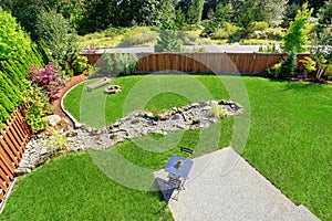 Panoramic view of backyard landscape.