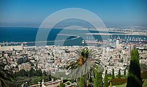 Panoramic view of the Bahai Gardens and of Haifa Bay and Port on the Mediterranean Coast. Haifa, Israel. July 23, 2019.