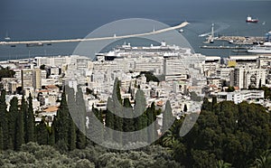Panoramic view from Bahai Gardens to cityscape and port in Haifa