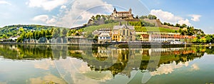 Panoramic view at the Bank of Main river with Marienberg Castle and At.Bukard church in Wurzburg ,Germany